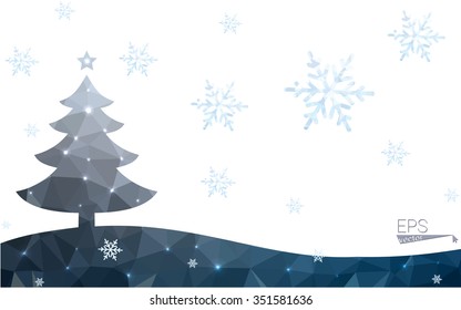Blue postcard low polygon style christmas tree vector illustration consisting of triangles.Abstract triangular polygonal origami or crystal design of New Years celebration.Isolated on white background