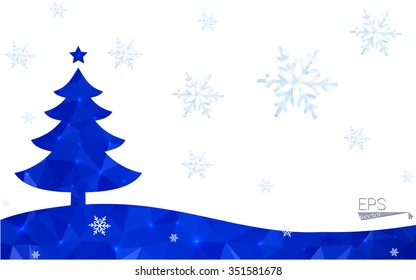 Blue postcard low polygon style christmas tree vector illustration consisting of triangles.Abstract triangular polygonal origami or crystal design of New Years celebration.Isolated on white background