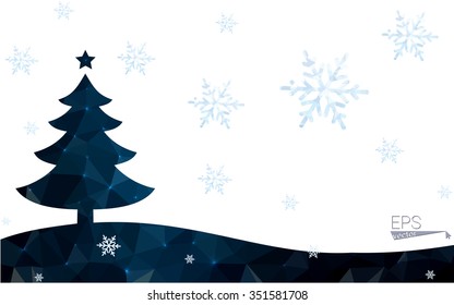 Blue postcard low polygon style christmas tree vector illustration consisting of triangles.Abstract triangular polygonal origami or crystal design of New Years celebration.Isolated on white background