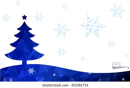 Blue postcard low polygon style christmas tree vector illustration consisting of triangles.Abstract triangular polygonal origami or crystal design of New Years celebration.Isolated on white background