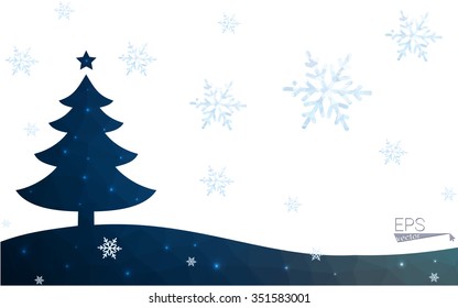 Blue postcard low polygon style christmas tree vector illustration consisting of triangles.Abstract triangular polygonal origami or crystal design of New Years celebration.Isolated on white background