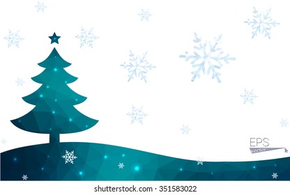 Blue postcard low polygon style christmas tree vector illustration consisting of triangles.Abstract triangular polygonal origami or crystal design of New Years celebration.Isolated on white background
