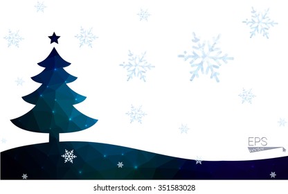 Blue postcard low polygon style christmas tree vector illustration consisting of triangles.Abstract triangular polygonal origami or crystal design of New Years celebration.Isolated on white background