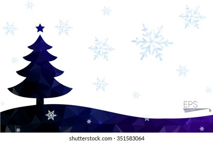 Blue postcard low polygon style christmas tree vector illustration consisting of triangles.Abstract triangular polygonal origami or crystal design of New Years celebration.Isolated on white background
