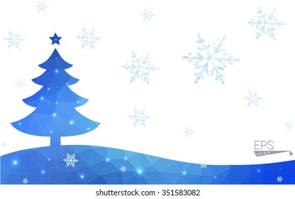 Blue postcard low polygon style christmas tree vector illustration consisting of triangles.Abstract triangular polygonal origami or crystal design of New Years celebration.Isolated on white background