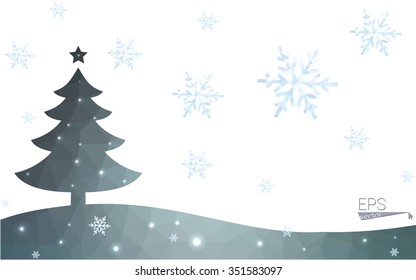 Blue postcard low polygon style christmas tree vector illustration consisting of triangles.Abstract triangular polygonal origami or crystal design of New Years celebration.Isolated on white background