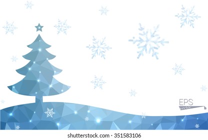 Blue postcard low polygon style christmas tree vector illustration consisting of triangles.Abstract triangular polygonal origami or crystal design of New Years celebration.Isolated on white background