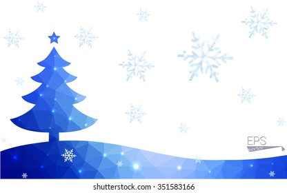 Blue postcard low polygon style christmas tree vector illustration consisting of triangles.Abstract triangular polygonal origami or crystal design of New Years celebration.Isolated on white background