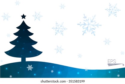 Blue postcard low polygon style christmas tree vector illustration consisting of triangles.Abstract triangular polygonal origami or crystal design of New Years celebration.Isolated on white background