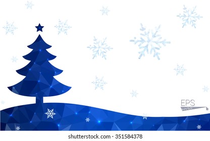 Blue postcard low polygon style christmas tree vector illustration consisting of triangles.Abstract triangular polygonal origami or crystal design of New Years celebration.Isolated on white background