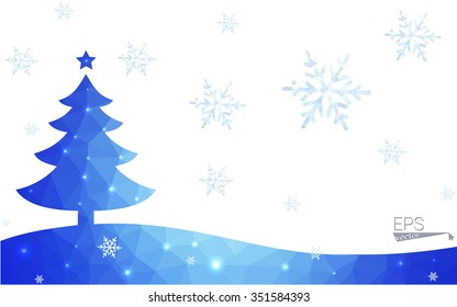 Blue postcard low polygon style christmas tree vector illustration consisting of triangles.Abstract triangular polygonal origami or crystal design of New Years celebration.Isolated on white background