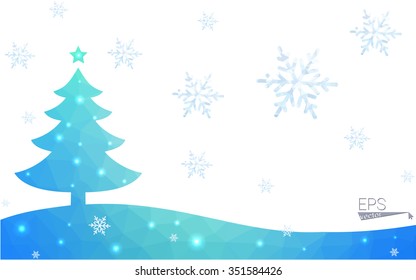 Blue postcard low polygon style christmas tree vector illustration consisting of triangles.Abstract triangular polygonal origami or crystal design of New Years celebration.Isolated on white background