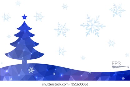 Blue postcard low polygon style christmas tree vector illustration consisting of triangles.Abstract triangular polygonal origami or crystal design of New Years celebration.Isolated on white background