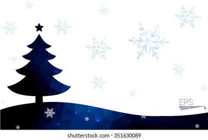 Blue postcard low polygon style christmas tree vector illustration consisting of triangles.Abstract triangular polygonal origami or crystal design of New Years celebration.Isolated on white background