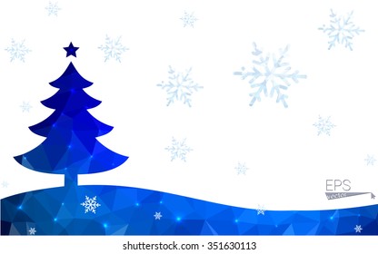 Blue postcard low polygon style christmas tree vector illustration consisting of triangles.Abstract triangular polygonal origami or crystal design of New Years celebration.Isolated on white background