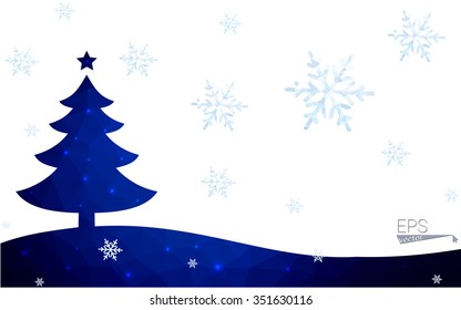 Blue postcard low polygon style christmas tree vector illustration consisting of triangles.Abstract triangular polygonal origami or crystal design of New Years celebration.Isolated on white background
