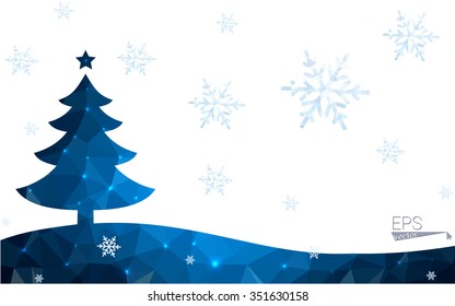 Blue postcard low polygon style christmas tree vector illustration consisting of triangles.Abstract triangular polygonal origami or crystal design of New Years celebration.Isolated on white background