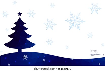 Blue postcard low polygon style christmas tree vector illustration consisting of triangles.Abstract triangular polygonal origami or crystal design of New Years celebration.Isolated on white background