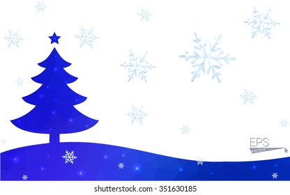 Blue postcard low polygon style christmas tree vector illustration consisting of triangles.Abstract triangular polygonal origami or crystal design of New Years celebration.Isolated on white background