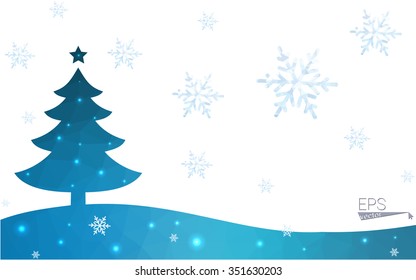 Blue postcard low polygon style christmas tree vector illustration consisting of triangles.Abstract triangular polygonal origami or crystal design of New Years celebration.Isolated on white background