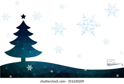 Blue postcard low polygon style christmas tree vector illustration consisting of triangles.Abstract triangular polygonal origami or crystal design of New Years celebration.Isolated on white background
