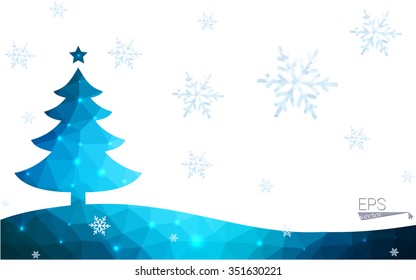 Blue postcard low polygon style christmas tree vector illustration consisting of triangles.Abstract triangular polygonal origami or crystal design of New Years celebration.Isolated on white background