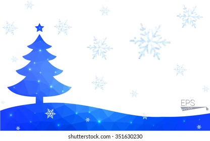 Blue postcard low polygon style christmas tree vector illustration consisting of triangles.Abstract triangular polygonal origami or crystal design of New Years celebration.Isolated on white background