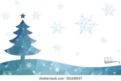 Blue postcard low polygon style christmas tree vector illustration consisting of triangles.Abstract triangular polygonal origami or crystal design of New Years celebration.Isolated on white background