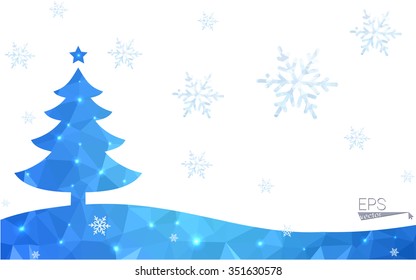 Blue postcard low polygon style christmas tree vector illustration consisting of triangles.Abstract triangular polygonal origami or crystal design of New Years celebration.Isolated on white background