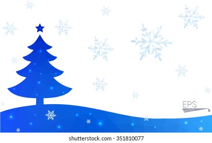Blue postcard low polygon style christmas tree vector illustration consisting of triangles.Abstract triangular polygonal origami or crystal design of New Years celebration.Isolated on white background