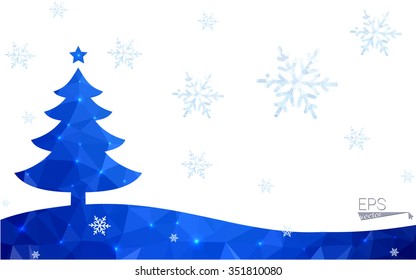 Blue postcard low polygon style christmas tree vector illustration consisting of triangles.Abstract triangular polygonal origami or crystal design of New Years celebration.Isolated on white background