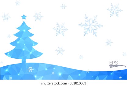 Blue postcard low polygon style christmas tree vector illustration consisting of triangles.Abstract triangular polygonal origami or crystal design of New Years celebration.Isolated on white background