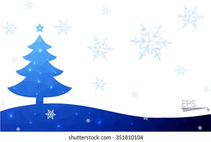 Blue postcard low polygon style christmas tree vector illustration consisting of triangles.Abstract triangular polygonal origami or crystal design of New Years celebration.Isolated on white background