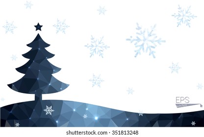 Blue postcard low polygon style christmas tree vector illustration consisting of triangles.Abstract triangular polygonal origami or crystal design of New Years celebration.Isolated on white background