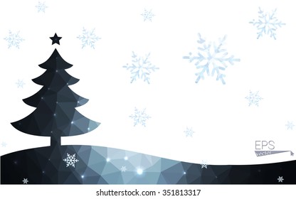 Blue postcard low polygon style christmas tree vector illustration consisting of triangles.Abstract triangular polygonal origami or crystal design of New Years celebration.Isolated on white background