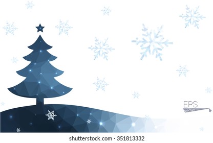 Blue postcard low polygon style christmas tree vector illustration consisting of triangles.Abstract triangular polygonal origami or crystal design of New Years celebration.Isolated on white background