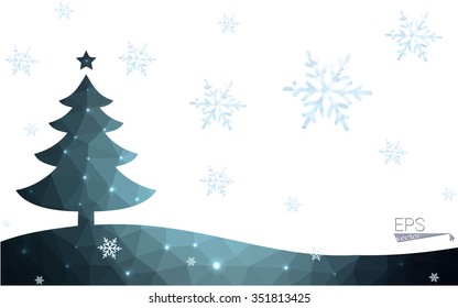 Blue postcard low polygon style christmas tree vector illustration consisting of triangles.Abstract triangular polygonal origami or crystal design of New Years celebration.Isolated on white background