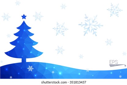 Blue postcard low polygon style christmas tree vector illustration consisting of triangles.Abstract triangular polygonal origami or crystal design of New Years celebration.Isolated on white background