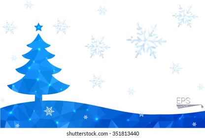 Blue postcard low polygon style christmas tree vector illustration consisting of triangles.Abstract triangular polygonal origami or crystal design of New Years celebration.Isolated on white background