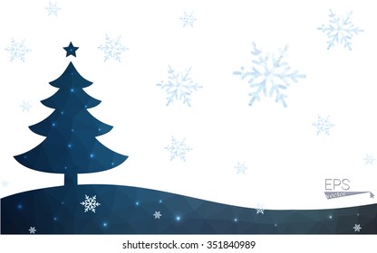 Blue postcard low polygon style christmas tree vector illustration consisting of triangles.Abstract triangular polygonal origami or crystal design of New Years celebration.Isolated on white background