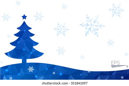 Blue postcard low polygon style christmas tree vector illustration consisting of triangles.Abstract triangular polygonal origami or crystal design of New Years celebration.Isolated on white background