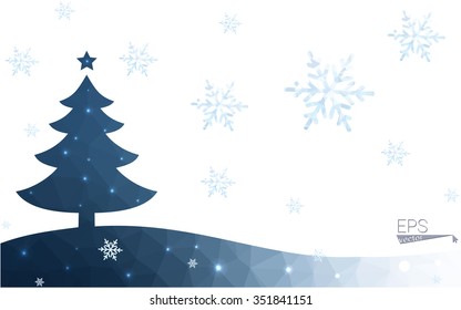 Blue postcard low polygon style christmas tree vector illustration consisting of triangles.Abstract triangular polygonal origami or crystal design of New Years celebration.Isolated on white background