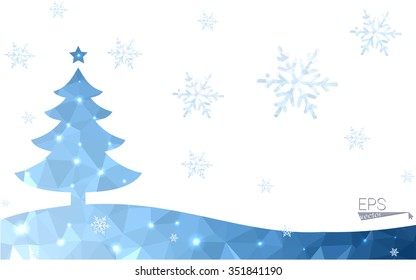 Blue postcard low polygon style christmas tree vector illustration consisting of triangles.Abstract triangular polygonal origami or crystal design of New Years celebration.Isolated on white background