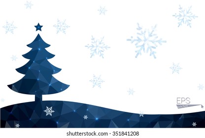Blue postcard low polygon style christmas tree vector illustration consisting of triangles.Abstract triangular polygonal origami or crystal design of New Years celebration.Isolated on white background