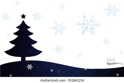 Blue postcard low polygon style christmas tree vector illustration consisting of triangles.Abstract triangular polygonal origami or crystal design of New Years celebration.Isolated on white background