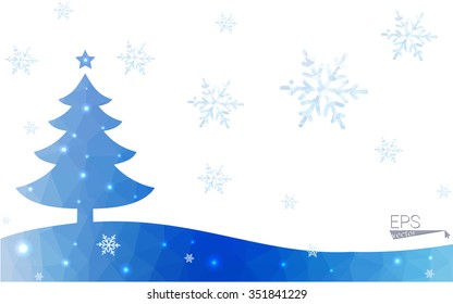 Blue postcard low polygon style christmas tree vector illustration consisting of triangles.Abstract triangular polygonal origami or crystal design of New Years celebration.Isolated on white background