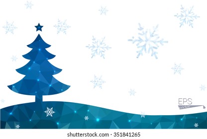 Blue postcard low polygon style christmas tree vector illustration consisting of triangles.Abstract triangular polygonal origami or crystal design of New Years celebration.Isolated on white background