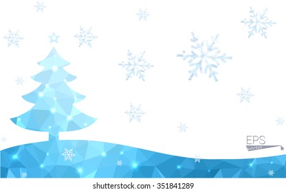 Blue postcard low polygon style christmas tree vector illustration consisting of triangles.Abstract triangular polygonal origami or crystal design of New Years celebration.Isolated on white background