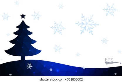 Blue postcard low polygon style christmas tree vector illustration consisting of triangles.Abstract triangular polygonal origami or crystal design of New Years celebration.Isolated on white background