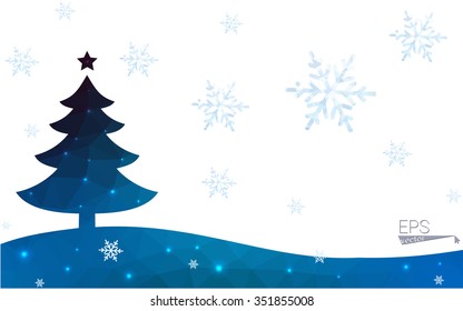 Blue postcard low polygon style christmas tree vector illustration consisting of triangles.Abstract triangular polygonal origami or crystal design of New Years celebration.Isolated on white background